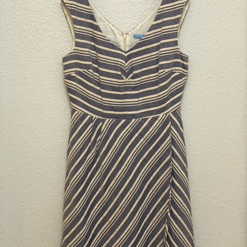 ANTONIO MELANI Navy and Cream Striped Linen Midi Dress